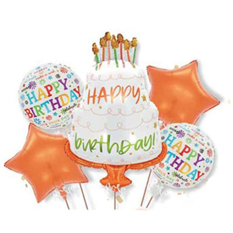 Baloane pentru aniversare, ANGELBEAR, tematica Happy Birthday, set 5 baloane, 1 TORT 70 x 101 cm, 2 Stele, 2 Rotunde, din folie de aluminiu, pai de carton inclus, Portocaliu